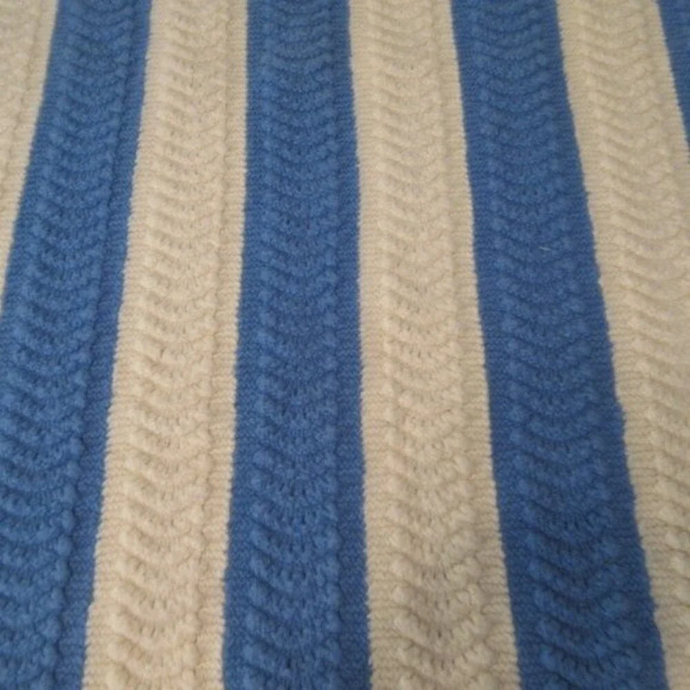 Handmade Crochet Afghan Throw Striped Blanket 47x35‎ Cream Blue Scalloped Edges